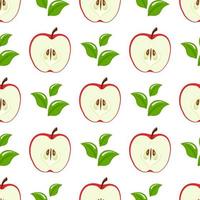 Seamless pattern with red half apples and leaves on white background. Organic fruit. Cartoon style. Vector illustration for design, web, wrapping paper, fabric, wallpaper.