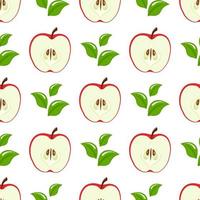 Seamless pattern with red half apples and leaves on white background. Organic fruit. Cartoon style. Vector illustration for design, web, wrapping paper, fabric, wallpaper.