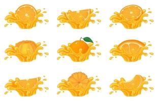 conjunto de salpicaduras de jugo de naranja, mandarina o tagerina frescas y brillantes aisladas en fondo blanco. jugo de frutas de verano. estilo de dibujos animados ilustración vectorial para cualquier diseño. vector