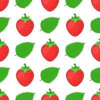 Seamless pattern with fresh bright exotic whole strawberries and leaves on white background. Summer fruits for healthy lifestyle. Organic fruit. Cartoon style. Vector illustration for any design.