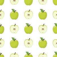 Seamless pattern with green whole and half apples on white background. Organic fruit. Cartoon style. Vector illustration for design, web, wrapping paper, fabric, wallpaper.