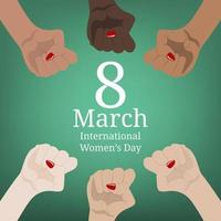 cartel del día internacional de la mujer. marcha de mujeres. igualdad multinacional. mano femenina con el puño levantado. poder femenino. concepto de feminismo. ilustración vectorial para su diseño. vector