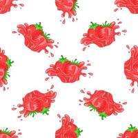 Seamless pattern with fresh bright strawberry juice splash burst isolated on white background. Summer fruit juice. Cartoon style. Vector illustration for any design.