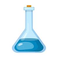 Magic potion in bottle with blue liquid isolated on white background. Chemical or alchemy elixir. Vector illustration for any design.