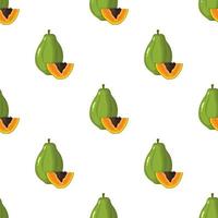 Seamless pattern with fresh bright exotic whole and cut slice papaya fruit on white background. Summer fruits for healthy lifestyle. Organic fruit. Cartoon style. Vector illustration for any design.