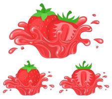 Set of fresh bright strawberry juice splash burst isolated on white background. Summer fruit juice. Cartoon style. Vector illustration for any design.