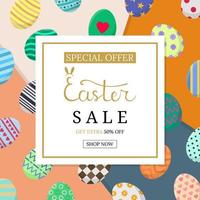 Calligraphy Lettering Easter Sale Inscription. Easter Discount with Colorful Eggs on Overlap Background. Discount, Flyer, Brochure. Vector illustration for Your Design, Web, Print.