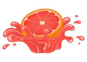 Fresh bright half cut grapefruit juice splash burst isolated on white background. Summer fruit juice. Cartoon style. Vector illustration for any design.