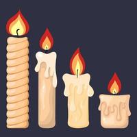 Collection of Burning Candles from Paraffin Wax for Your Design. Vector Illustration isolated on dark background. Cartoon Style. Holiday Elements.