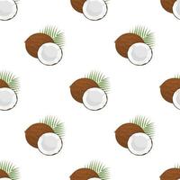 Seamless pattern with cartoon detailed brown exotic whole coconut, half and green leaf. Summer fruits for healthy lifestyle. Organic fruit. Vector illustration for any design.