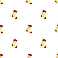 Seamless pattern with christmas socks on white background. Red yellow sock. Vector illustration.