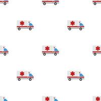 Seamless pattern with emergency ambulance on white background. Medical vehicle. Medicine sign. Flat style. Vector illustration for design, web, wrapping paper, fabric, wallpaper