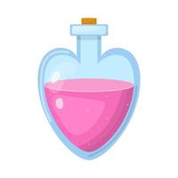 Magic potion in bottle with pink liquid isolated on white background. Cartoon fairy elixir. Vector illustration for any design.