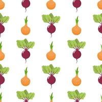 Seamless pattern with fresh onion and beet vegetables. Organic food. Cartoon style. Vector illustration for design, web, wrapping paper, fabric, wallpaper.