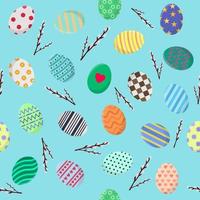 Seamless Pattern with Different Easter Eggs and Willow Twigs. Perfect for Wrapping Paper, Wallpaper, Fabric. Vector illustration for Your Design, Web.