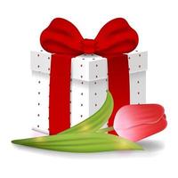 Realistic Vector 3d Gift Box with Red Tulip isolated on white background. Red Bow. Element for Various Holiday Designs. Valentine's day, Women's Day, Celebrations, Birthdays.