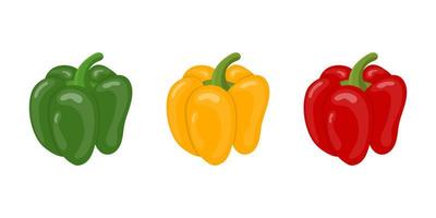 verduras frescas de pimiento aislado sobre fondo blanco. iconos de pimiento verde, amarillo y rojo para el mercado, diseño de recetas. estilo plano de dibujos animados. ilustración vectorial para su diseño, web. vector