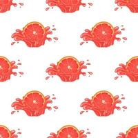 Seamless pattern with fresh bright grapefruit juice splash burst isolated on white background. Summer fruit juice. Cartoon style. Vector illustration for any design.