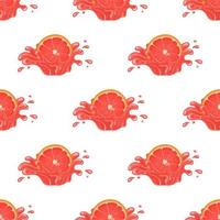 Seamless pattern with fresh bright grapefruit juice splash burst isolated on white background. Summer fruit juice. Cartoon style. Vector illustration for any design.