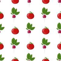 patrón sin costuras con verduras frescas de rábano y tomate. alimentos orgánicos. estilo de dibujos animados ilustración vectorial para diseño, web, papel de envolver, tela, papel tapiz. vector