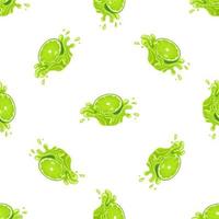 Seamless pattern with fresh bright lime juice splash burst isolated on white background. Summer fruit juice. Cartoon style. Vector illustration for any design.