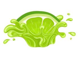 Fresh bright cut slice lime juice splash burst isolated on white background. Summer fruit juice. Cartoon style. Vector illustration for any design.