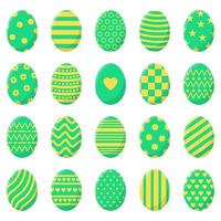 Set of Easter Eggs isolated on white background. Different Colorful Eggs with Stripes, Dots, Hearts and Patterns. Perfect For Greeting Cards, Invitations. Vector illustration in Flat Design.