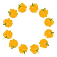 Yellow Bell Pepper Wreath. Fresh Vegetables isolated on white background. Circle Frame from Pepper for Market, Recipe Design. Cartoon Flat Style. Vector illustration for Your Design, Web.