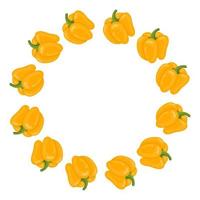 Yellow Bell Pepper Wreath. Fresh Vegetables isolated on white background. Circle Frame from Pepper for Market, Recipe Design. Cartoon Flat Style. Vector illustration for Your Design, Web.