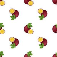 Seamless pattern with fresh bright exotic whole and cut slice passion fruit on white background. Summer fruits for healthy lifestyle. Organic fruit. Cartoon style. Vector illustration for any design.