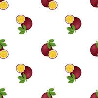 Seamless pattern with fresh bright exotic whole and cut slice passion fruit on white background. Summer fruits for healthy lifestyle. Organic fruit. Cartoon style. Vector illustration for any design.