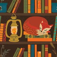 Seamless pattern. Autumn fox, in library sleep on books. Kerosene lamp lite, cute hygge vector illustration