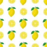 Seamless pattern with fresh whole, half lemon fruit on white background. Vector illustration for design, web, wrapping paper, fabric, wallpaper