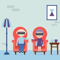 The elderly feel young in virtual reality. Grandmother and grandfather with virtual reality headset at home in the armchair. Virtual reality concept. Vector illustration.
