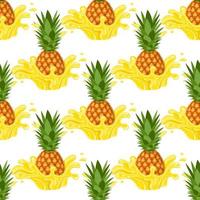 Seamless pattern with fresh pineapple yellow juice splash burst isolated on white background. Summer fruit juice. Vector illustration for any design.