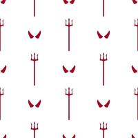 Seamless pattern with red devil tridents and horns on white background. Cartoon style. Vector illustration for design, web, wrapping paper, fabric, wallpaper.
