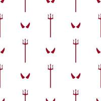 Seamless pattern with red devil tridents and horns on white background. Cartoon style. Vector illustration for design, web, wrapping paper, fabric, wallpaper.