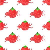 Seamless pattern with fresh bright strawberry juice splash burst isolated on white background. Summer fruit juice. Cartoon style. Vector illustration for any design.