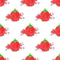 Seamless pattern with fresh bright strawberry juice splash burst isolated on white background. Summer fruit juice. Cartoon style. Vector illustration for any design.