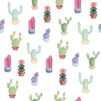 Seamless pattern with different colorful realistic cactuses in pot. Vector illustration isolated on white background.