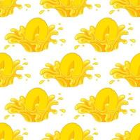 Seamless pattern with fresh bright mango juice splash burst isolated on white background. Summer fruit juice. Cartoon style. Vector illustration for any design.