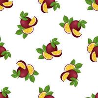 Seamless pattern with fresh bright exotic whole and cut slice passion fruit on white background. Summer fruits for healthy lifestyle. Organic fruit. Cartoon style. Vector illustration for any design.