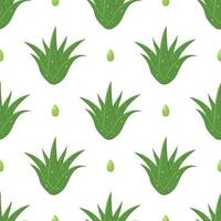 Seamless pattern with aloe vera medicinal plant cut leaves isolated on white background. Cartoon style. Vector illustration for any design.