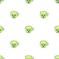 Seamless pattern with cup emoticons on white background. Kawaii doodle cups character with cute anime expressions. Vector illustration.