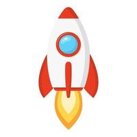 Rocket ship in a cartoon style isolated on white background. Space rocket launch. Project start up and development process. Innovation product, creative idea. Vector illustration for any design.