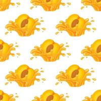 Seamless pattern with fresh peach juice splash burst isolated on white background. Summer fruit juice. Cartoon style. Vector illustration for any design.