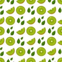 Seamless pattern with fresh half slice kiwi fruit and leaves on white background. Summer fruits for healthy lifestyle. Organic fruit. Cartoon style. Vector illustration for any design.