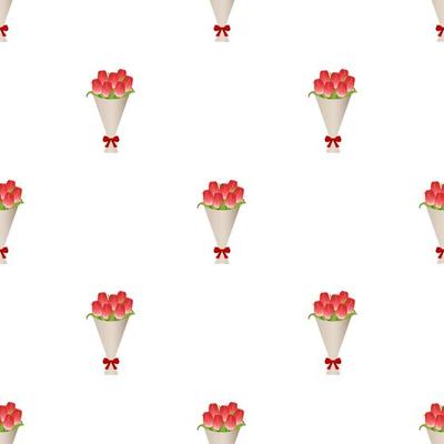 Seamless pattern with bouquet of red tulips in paper with red bow. Gift bouquet of flowers. Vector illustration for design, web, wrapping paper, fabric, wallpaper.