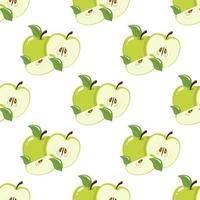 Seamless pattern with green apples on white background. Organic fruit. Cartoon style. Vector illustration for design, web, wrapping paper, fabric, wallpaper.
