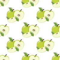 Seamless pattern with green apples on white background. Organic fruit. Cartoon style. Vector illustration for design, web, wrapping paper, fabric, wallpaper.